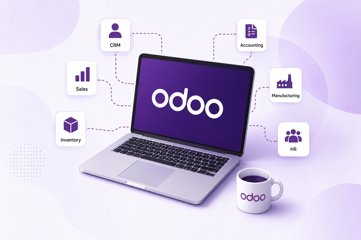 Odoo business apps displayed on a laptop